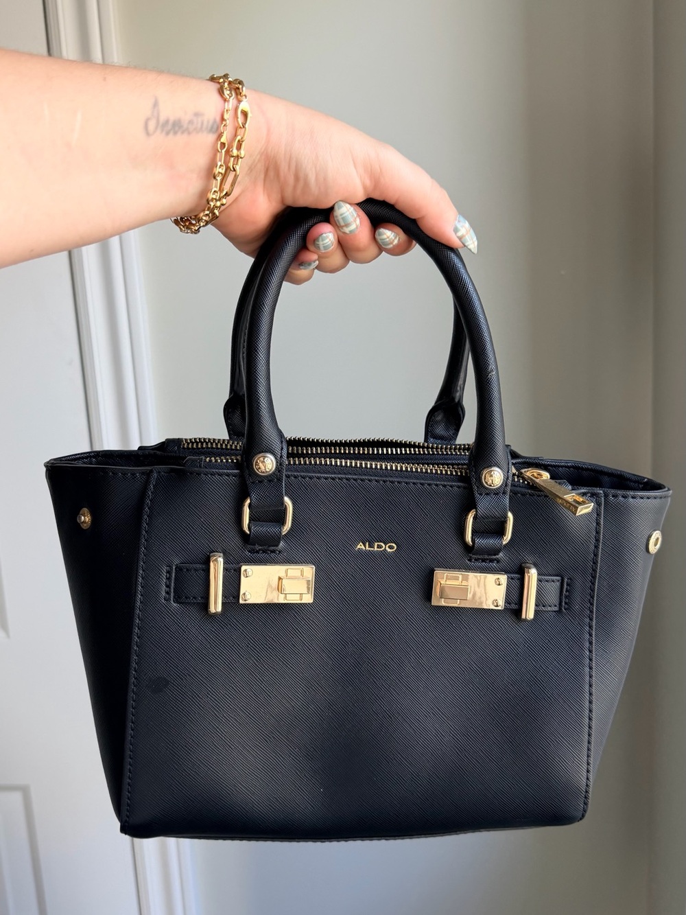 ALDO Black Saffiano Top-Handle Satchel with Gold Hardware